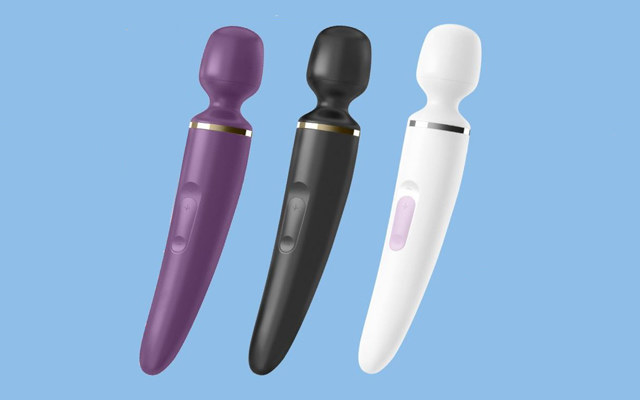 The personal wand massager in purple, black, and white