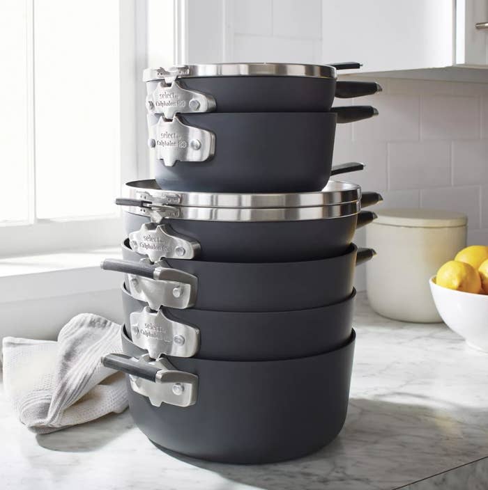 Stack of Calphalon space-saving pans in a kitchen