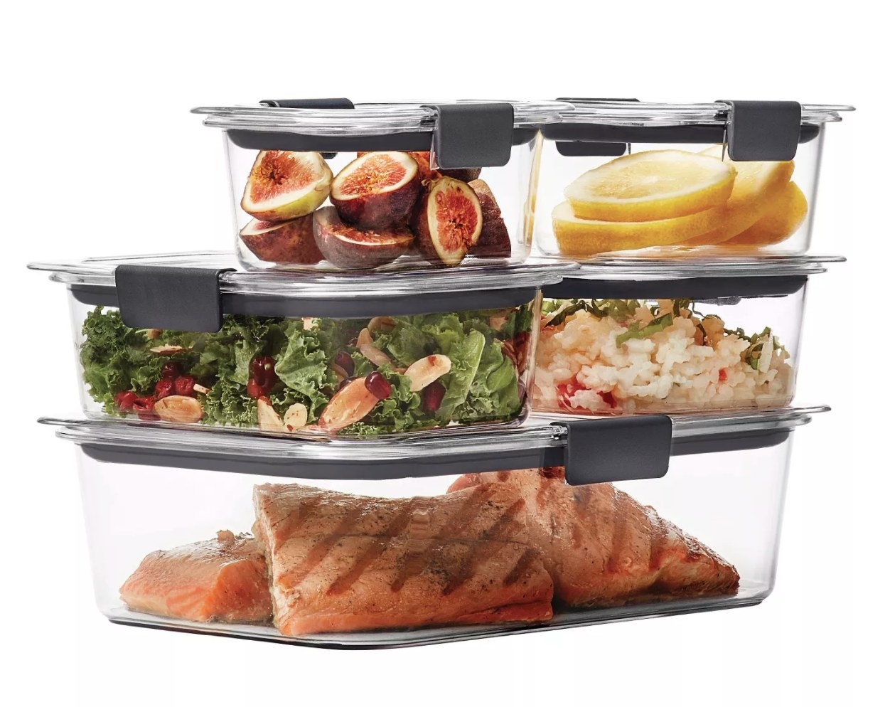 Five clear glass Rubbermaid food storage containers with gray lids