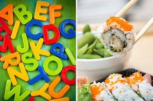 On the left, magnets shaped like the letters of the alphabet, and on the right, someone picks up a piece of sushi with chopsticks