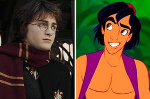 Harry potter in a gryffindor scarf and Aladdin