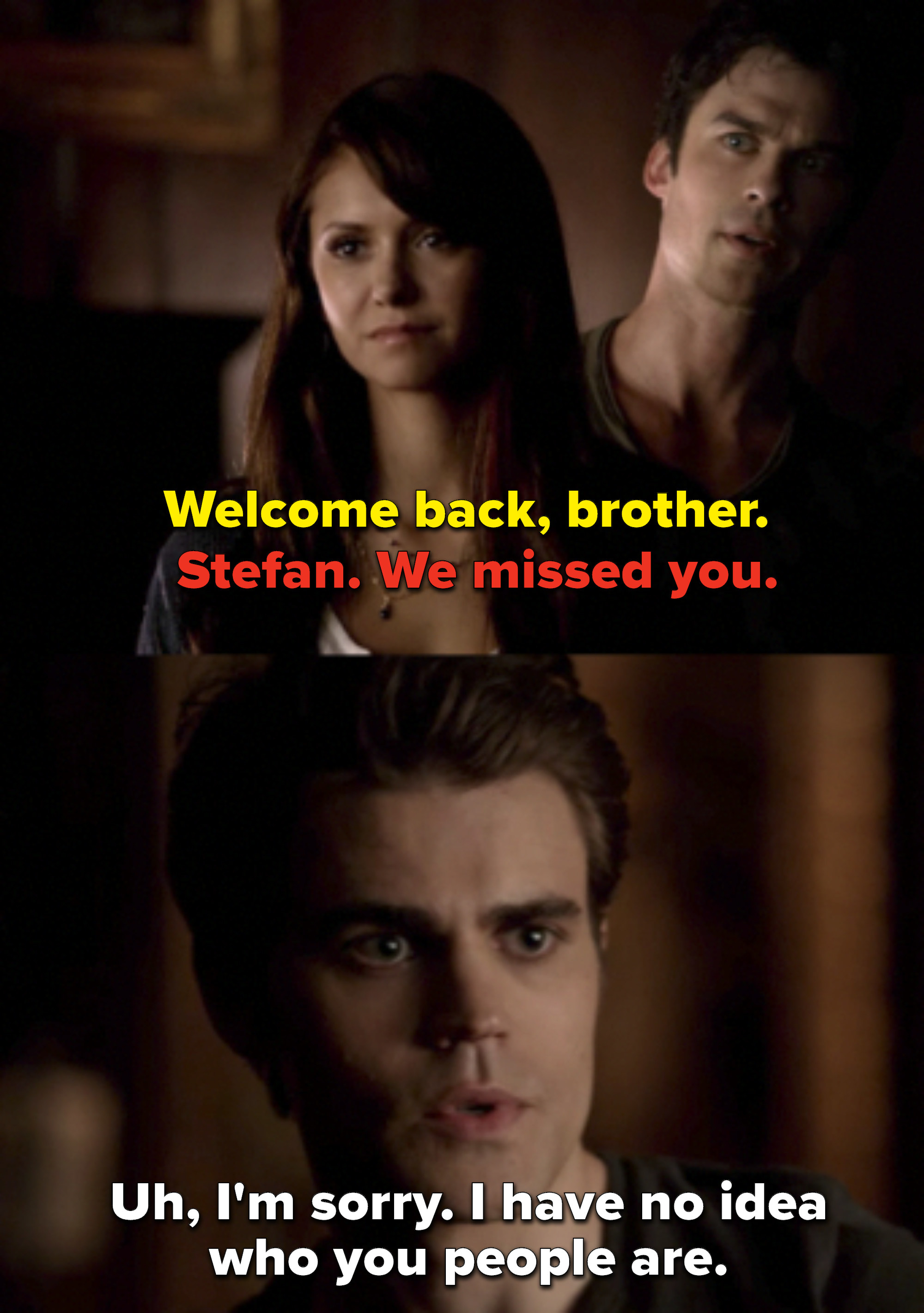 Damon says "Welcome back, brother" and Elena says "Stefan, we missed you," and Stefan replies he has no idea who they are