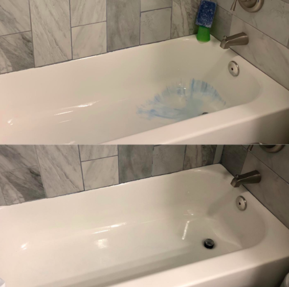 Before and after shots of a customer&#x27;s tub. The before shows blue dye stains in the tub; the after shows the tub is white again after using the steamer