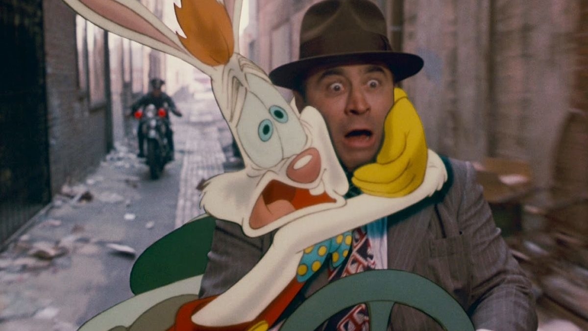 Roger Rabbit hugging detective Eddie Valient while they both look on terrified. It&#x27;s the perfect representation of their relationship as Valient tries to clear Roger&#x27;s name.