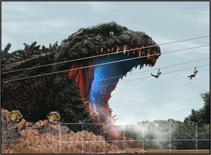 A rendering of the ride, with Godzilla&#x27;s mouth wide open and people zipling into his mouth