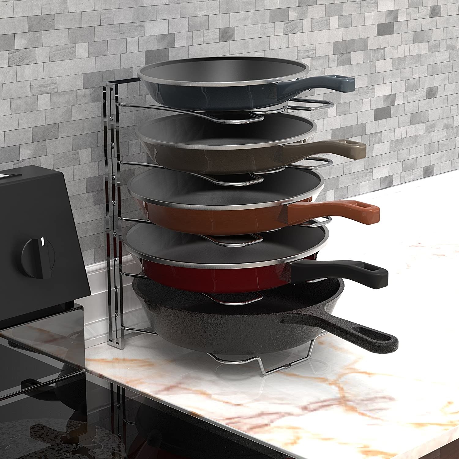 A pot and pan organizer filled with pots and pans on a countertop