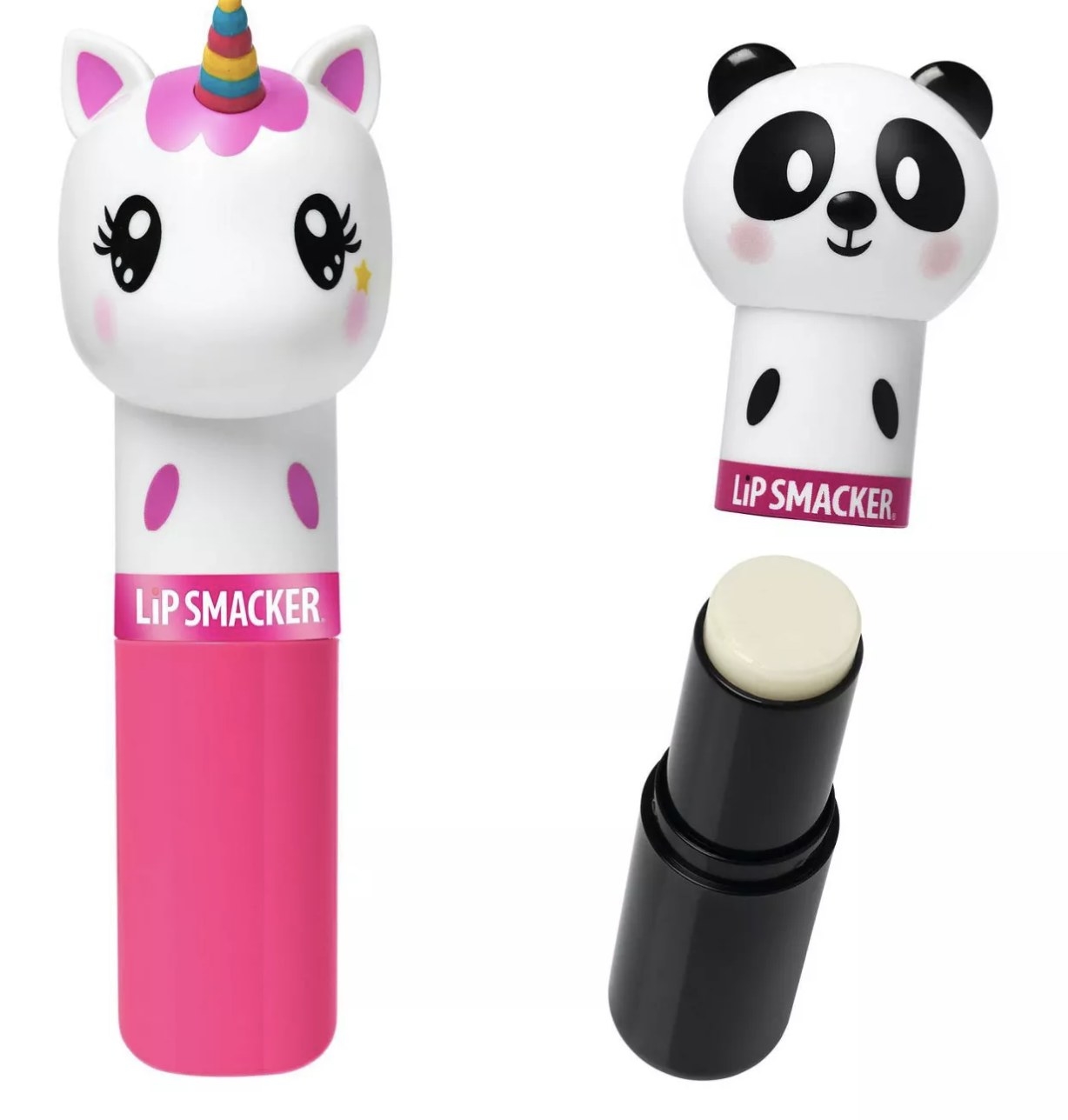 A unicorn and panda lip balm