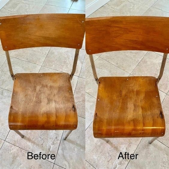 Reviewer&#x27;s before-and-after photo of their scratched-up wooden chair and then new-looking, glossy chair 