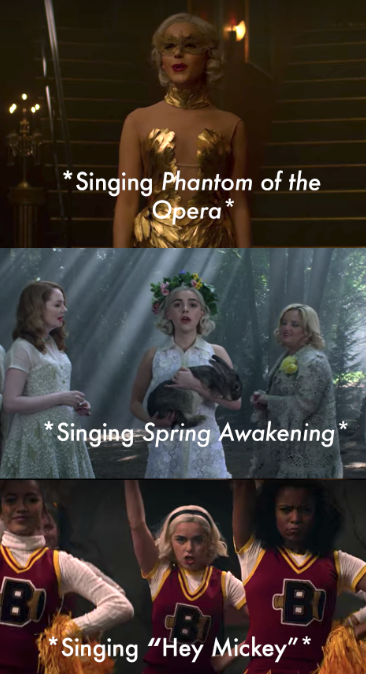 Sabrina singing Phantom of the Opera and Spring Awakening, then with her cheerleading squad "Hey Mickey"