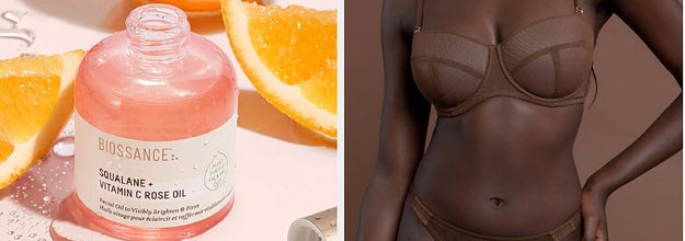 On the left, Biossance rose oil. On the right, model in nude underwear