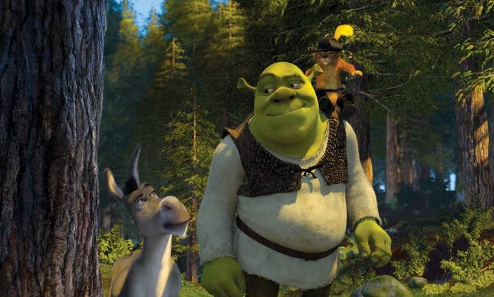 Shrek, Donkey, and Puss in Boots walking