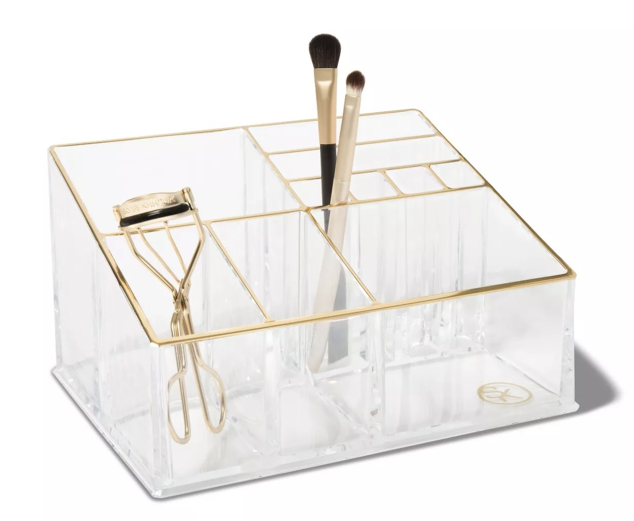 the clear organizer with gold edges and 10 sections in different sizes for beauty tools 