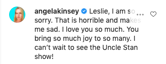 A screen grab of Angela Kinsey&#x27;s comment to Leslie David Baker