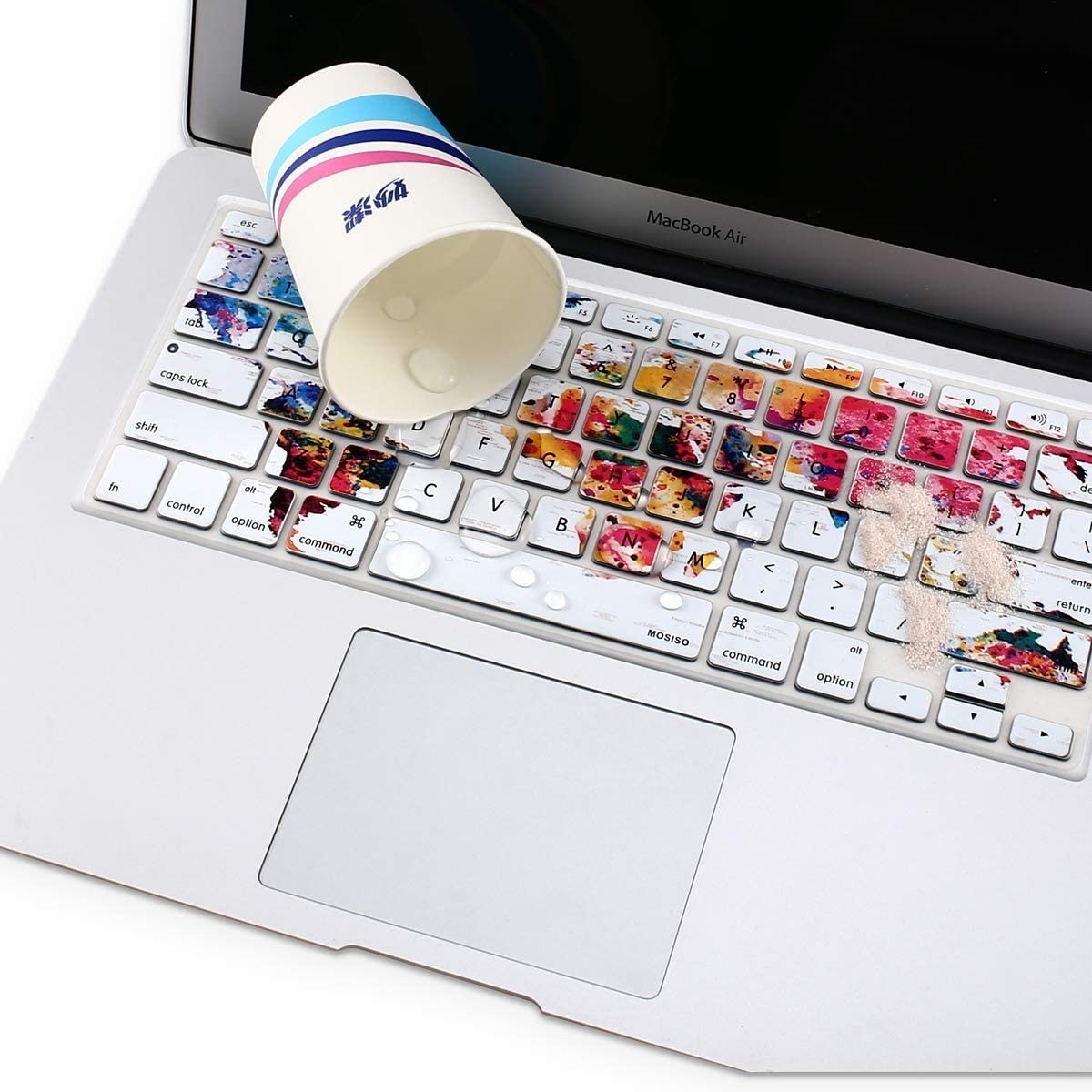 A silicone keyboard cover fitted over the laptop keys with a plastic cup with water dripping onto the laptop