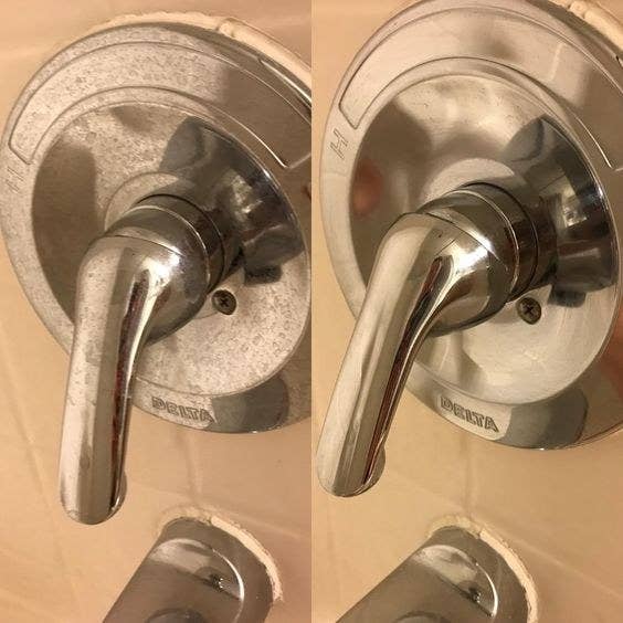 Reviewer&#x27;s before-and-after picture of their shower faucet with hard water stains and then totally clean 