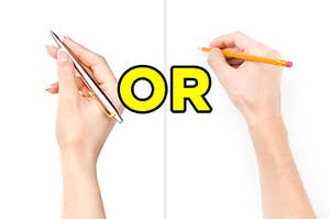 On the left, someone holds a ballpoint pen, and on the right, someone begins to write with a wooden pencil