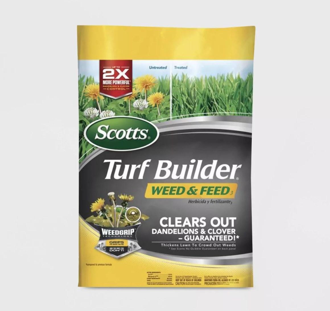 A plastic yellow and black bag of Scotts Turf Builder 