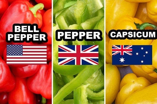 Side-by-side images of red, green, and yellow peppers with the labels &quot;bell pepper,&quot; &quot;pepper,&quot; and &quot;capsicum&quot; as well as the American, British, and Australian flags over top.