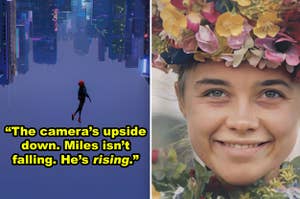 Side-by-side of Miles flying in "Into the Spider-Verse," plus with Dani in the flower crown in "Midsommar"