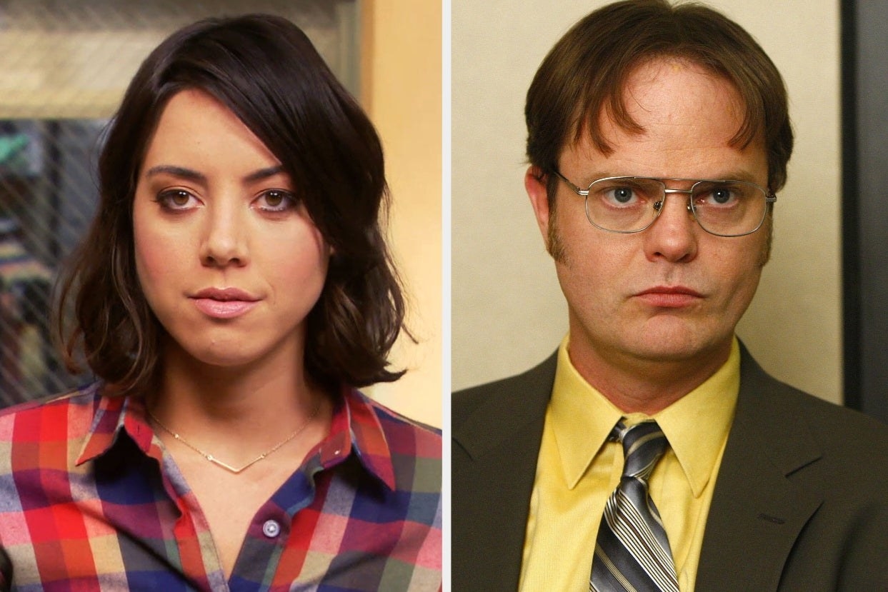 Side-by-side images of April Ludgate from Parks and Recreation and Dwight Schrute from The Office