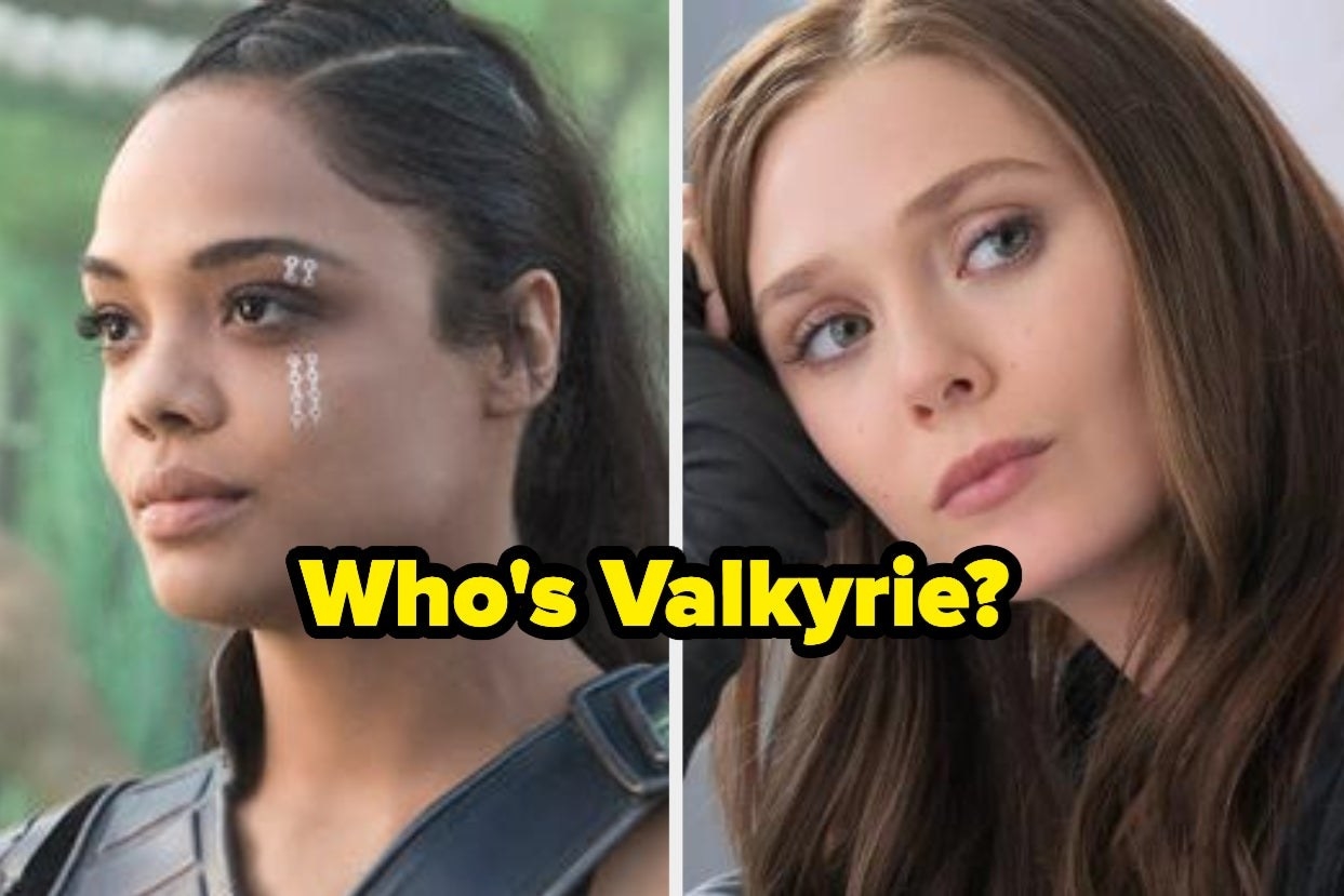 Side-by-side images of Valkyrie and Scarlet Witch from the Marvel movies with the question, &quot;Who&#x27;s Valkyrie?&quot; overlaid