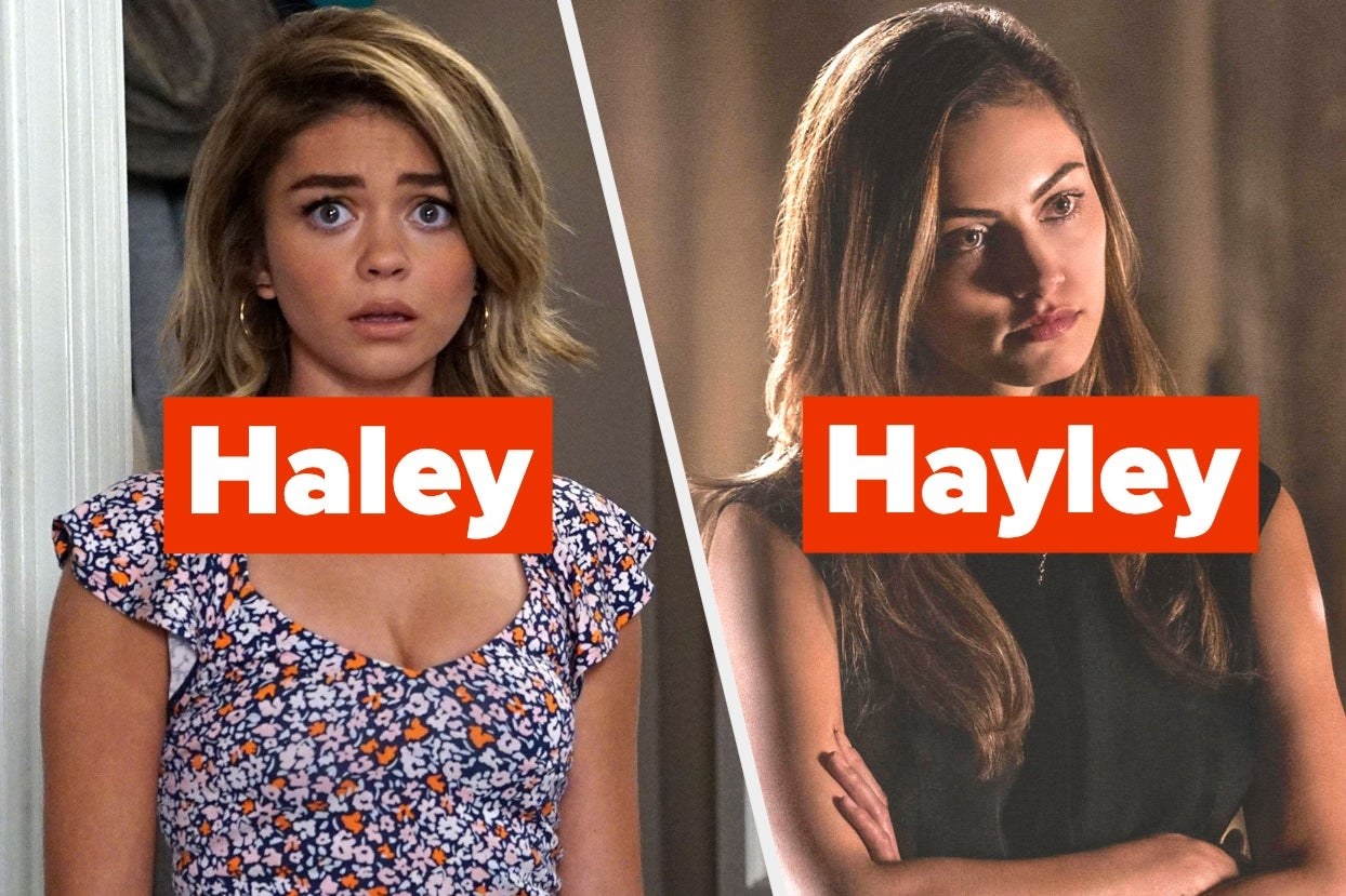 Side-by-side images of Haley from Modern Family and Hayley from Vampire Diaries with the labels &quot;Haley&quot; spelled L-E-Y and &quot;Hayley&quot; spelled Y-L-E-Y over top