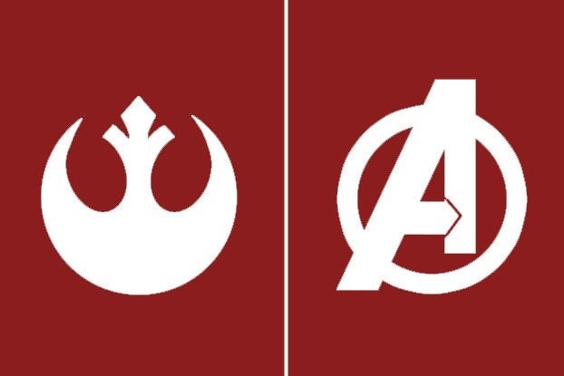 Side-by-side images of the Rebel Alliance logo from Star Wars and the Avengers logo from Marvel