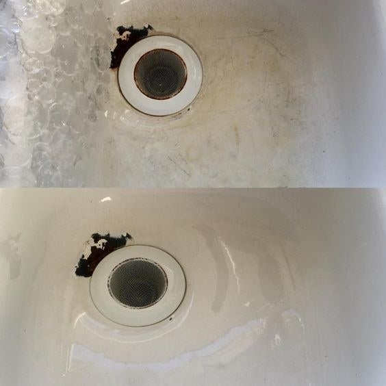 Reviewer&#x27;s before-and-after of their scratched-up porcelain sink and then new-looking sink 