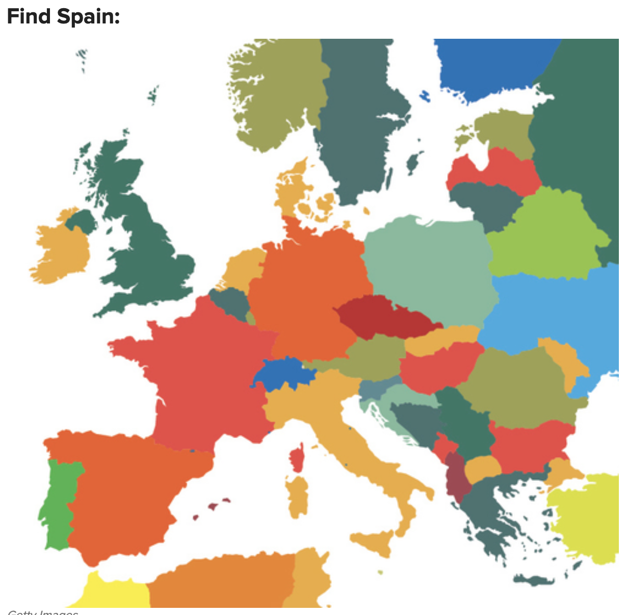 A colorized map of Europe with the words &quot;Find Spain&quot; above