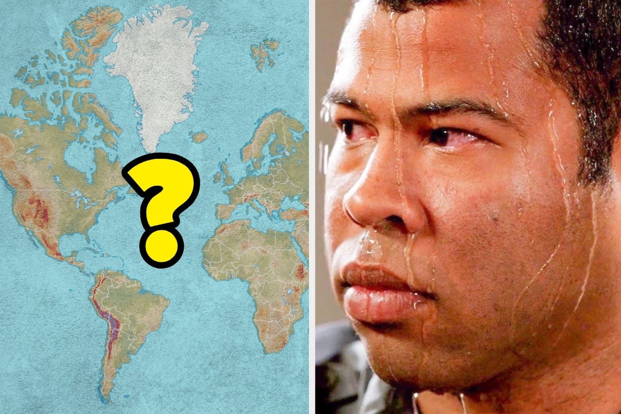 A map of the world with a question mark over it side-by-side with an image of Jordan Peele sweating from Key &amp;amp; Peele