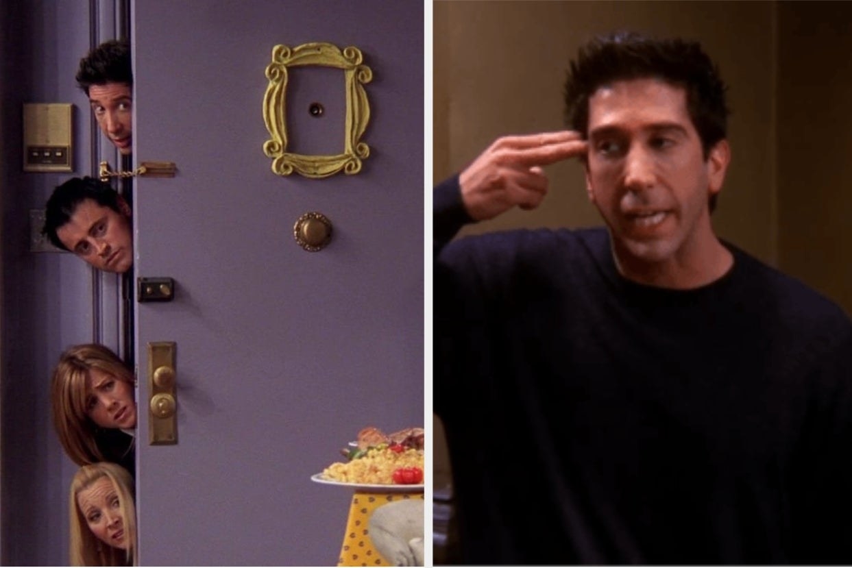 Side-by-side images of Ross, Phoebe, Joey, and Rachel poking their head through an apartment door and Ross looking frustrated