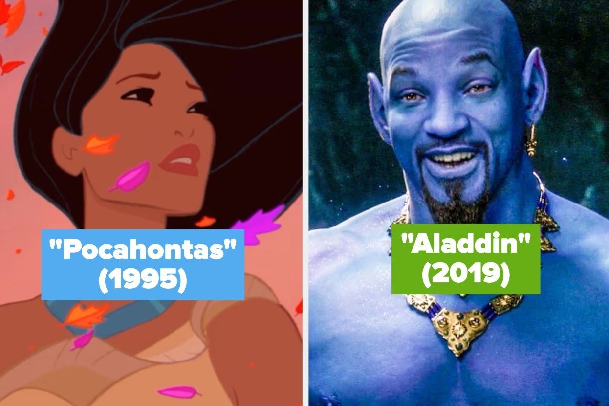 Side-by-side images of Pocahontas and Will Smith&#x27;s Genie from Aladdin with the titles and dates of both films overlaid
