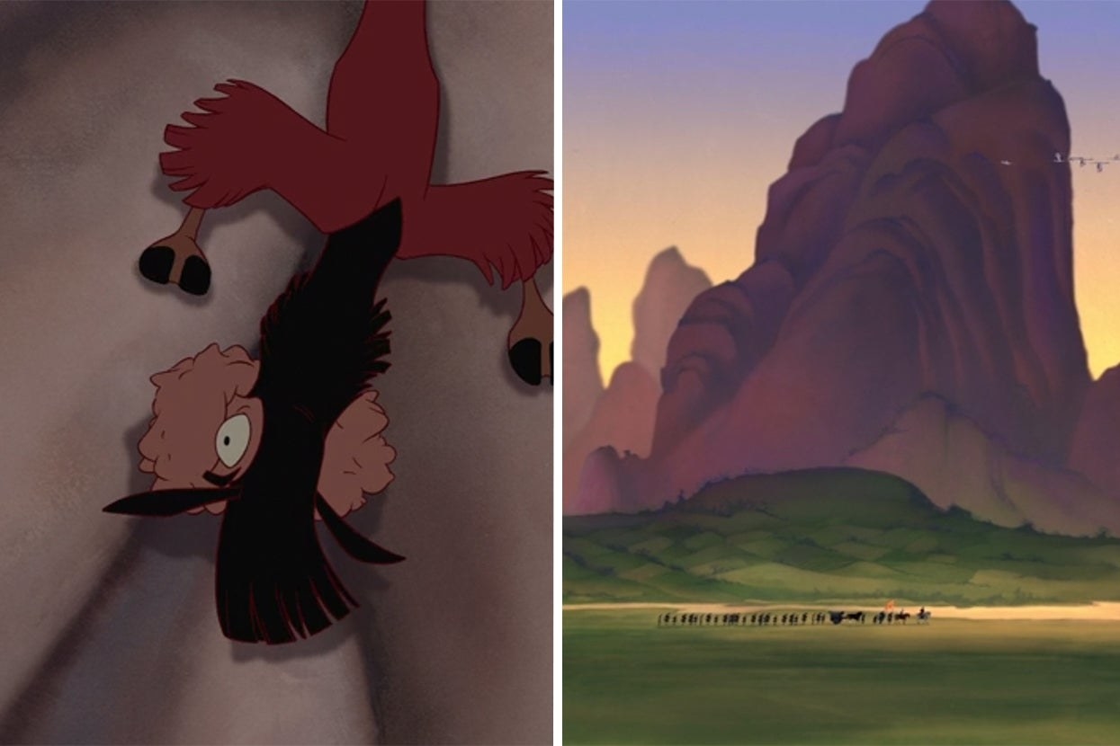 Side-by-side images of Kuzco upside-down with his mouth full of bats in The Emperor&#x27;s New Groove and the army marching through a valley in China from Mulan