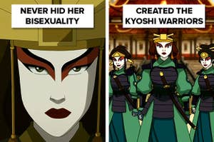 Left: Avatar Kyoshi looking face-on (the caption reads: "Never hid her bisexuality"); Right: The Kyoshi Warriors (the caption reads: "Created the Kyoshi Warriors")