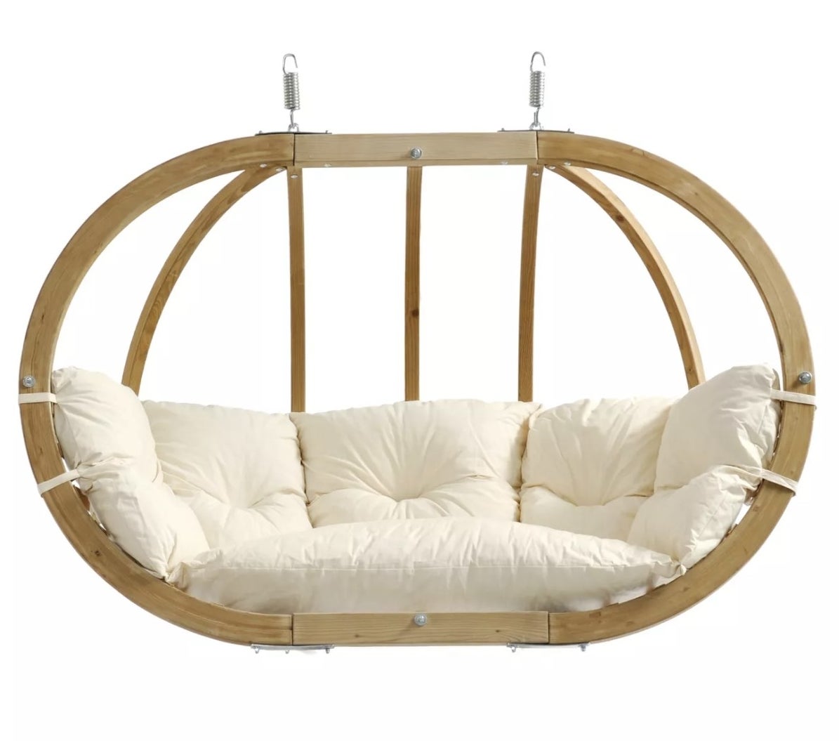 A hanging patio swing with white cushions that seats two