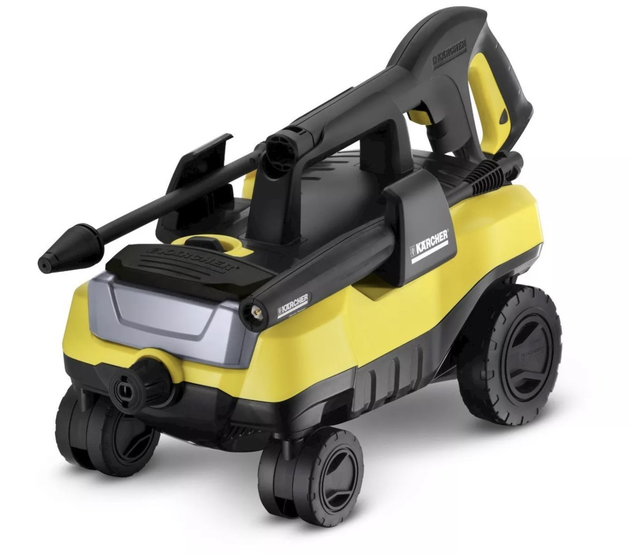A black-and-yellow power washer with four wheels 