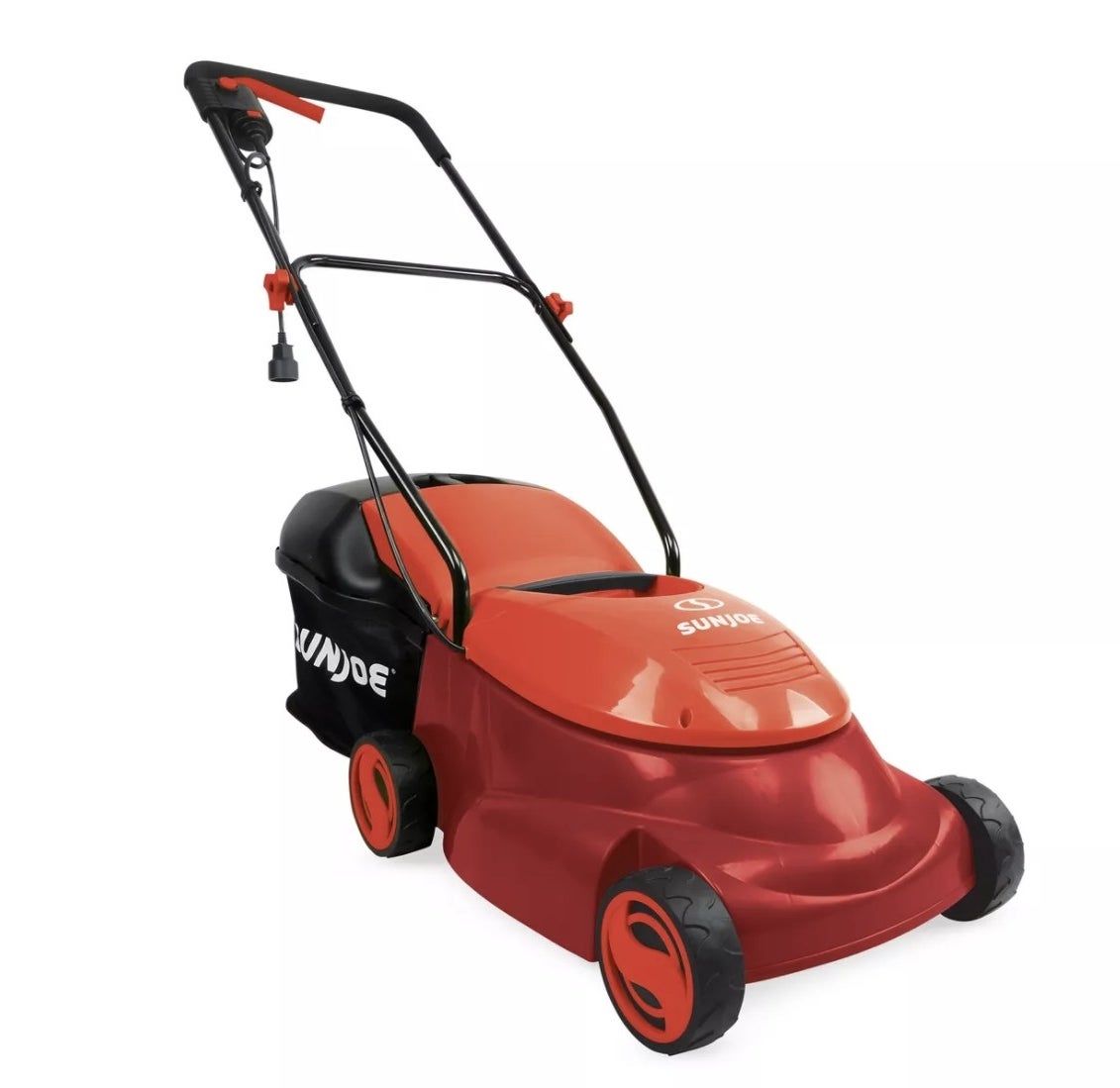 An orange lawnmower with a collapsible handle and a black discharge chute in the back