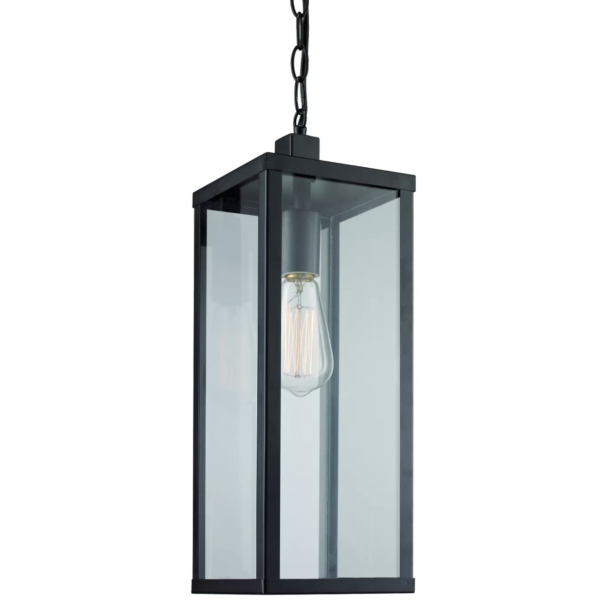 A hanging filament bulb in a rectangular, glass shade with a black frame.