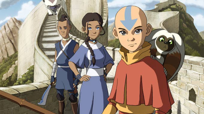 Aang, Katara, Sokka, Momo and Appa standing on some steps, ready to fight