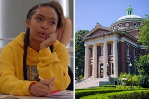 On the left, Yara Shahidi sits at a desk and takes notes in class as Zoey in "Grown-ish"
