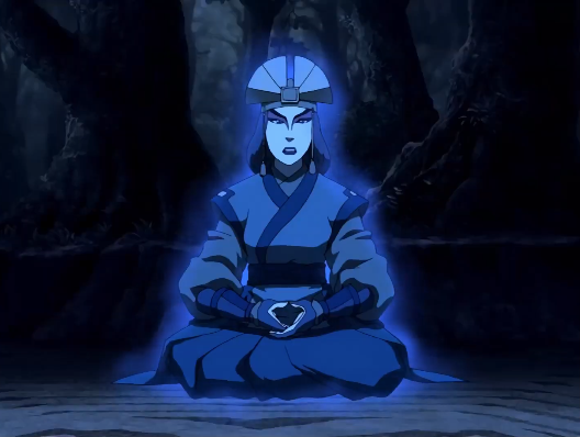 Avatar Kyoshi&#x27;s spirit sitting down; she has a blue aura around her 