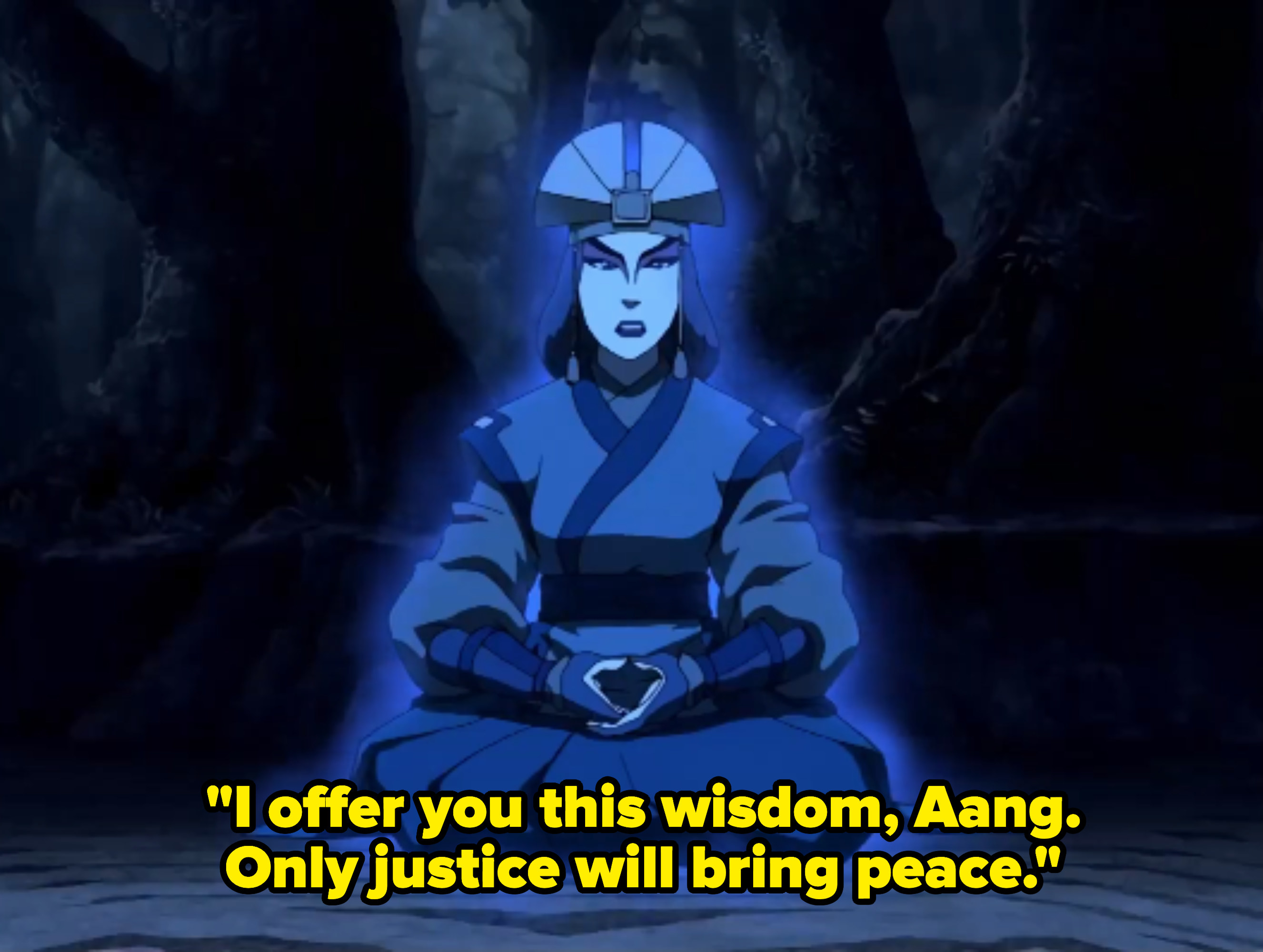 Kyoshi&#x27;s spirit; the caption reads: &quot;I offer you this wisdom, Aang. Only justice will bring peace.&quot; 