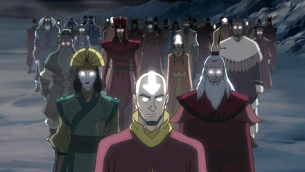 The Avatar succession line; Adult Aang, Kyoshi, Roku and many others are present. Their eyes are glowing