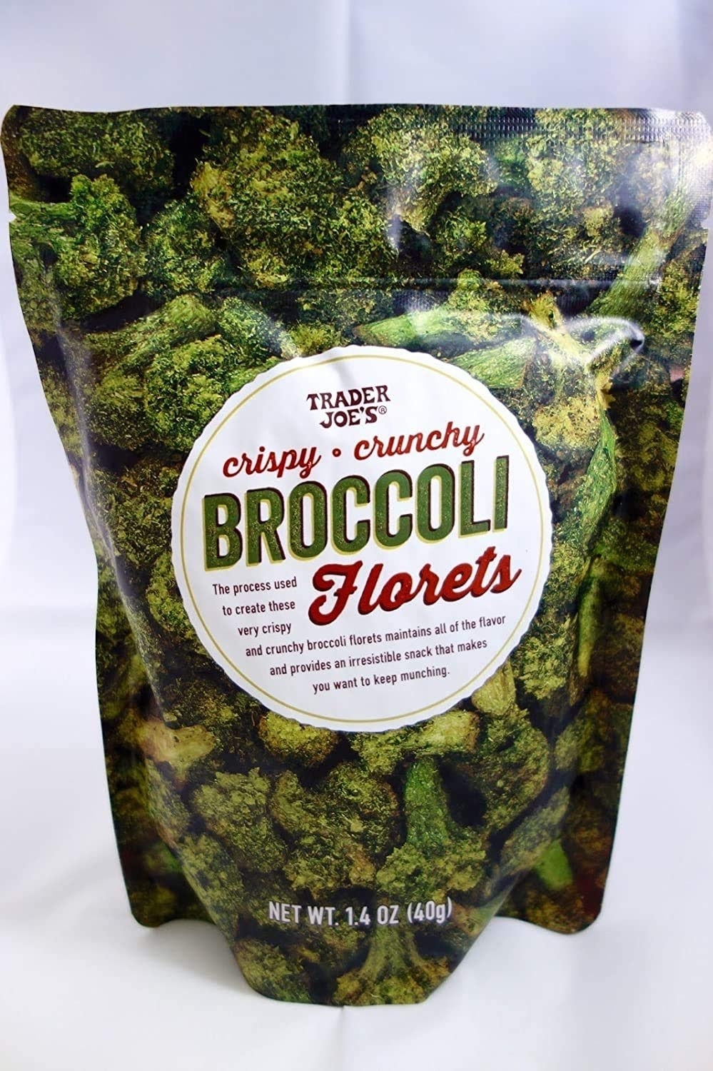 Picture of a bag of Trader Joe&#x27;s crispy crunchy broccoli florets