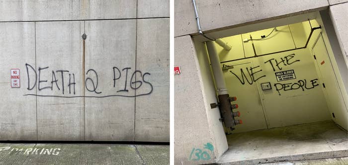 Left: "Death to pigs" is written in black graffiti on the side of a building; right: "We the people" is spray-painted on a wall
