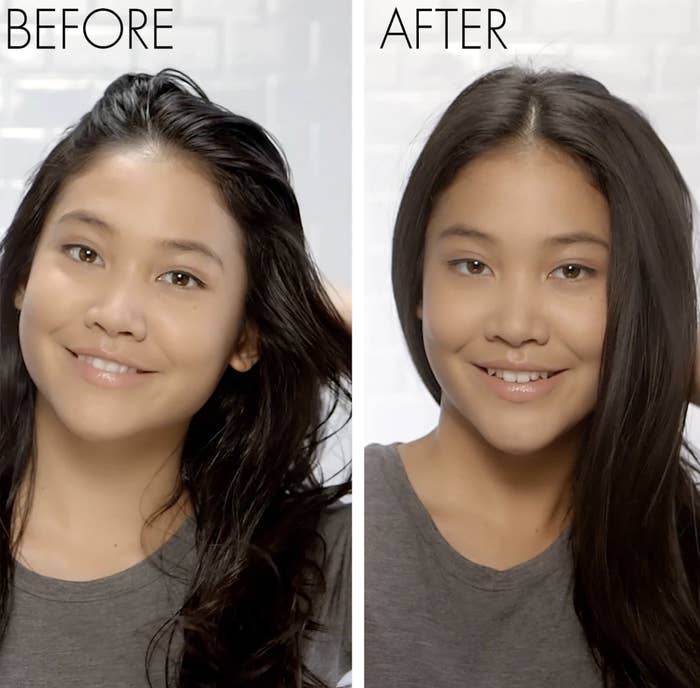 A before and after showing a model with an oily-looking scalp and greasy strands. After using the product, the model&#x27;s hair looks less slick 