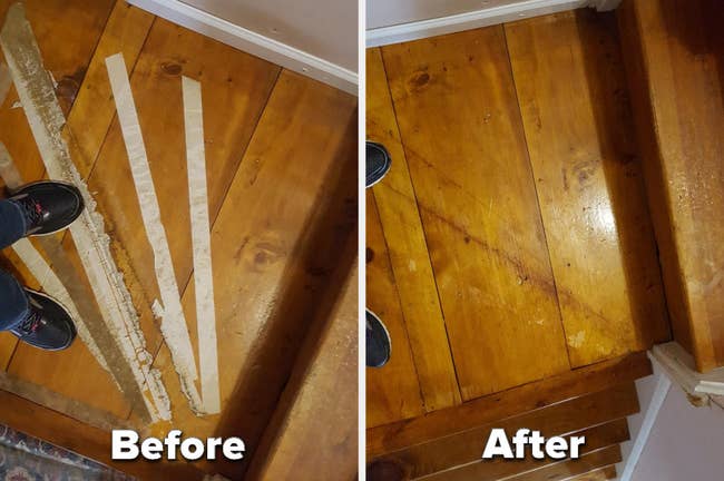 A before-image of portion residue connected woody stairs and an after-image of the aforesaid stares cleaned with Goo Gone