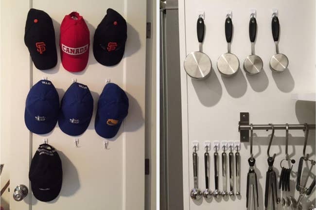 A reviewer displaying wire hooks holding baseball caps and utensils