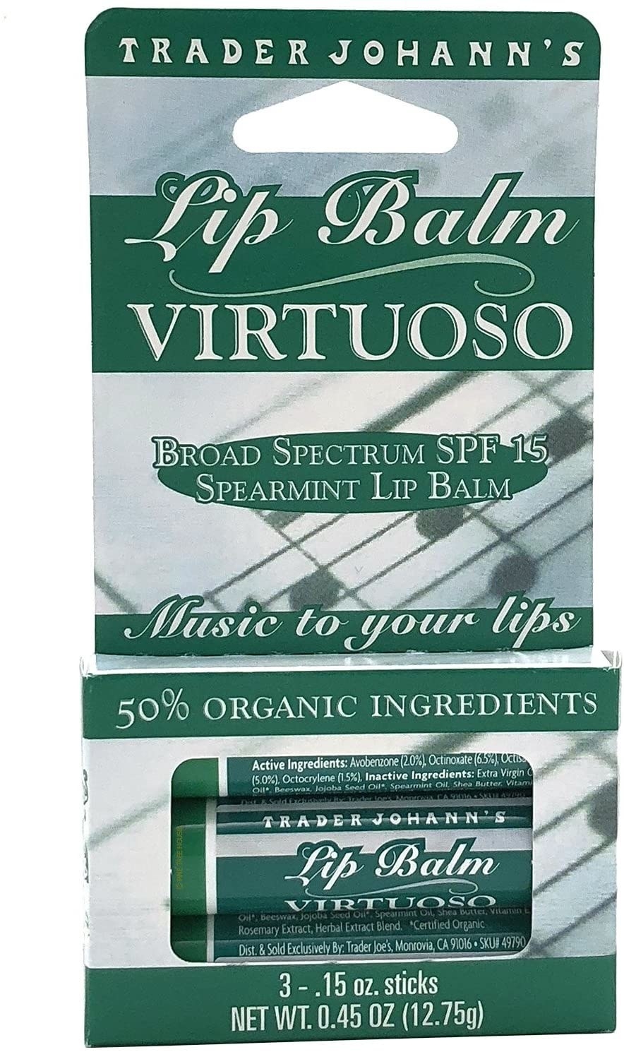 Green and white packaging for a 3-pack of Trader Joe&#x27;s Virtuoso spearmint lip balm