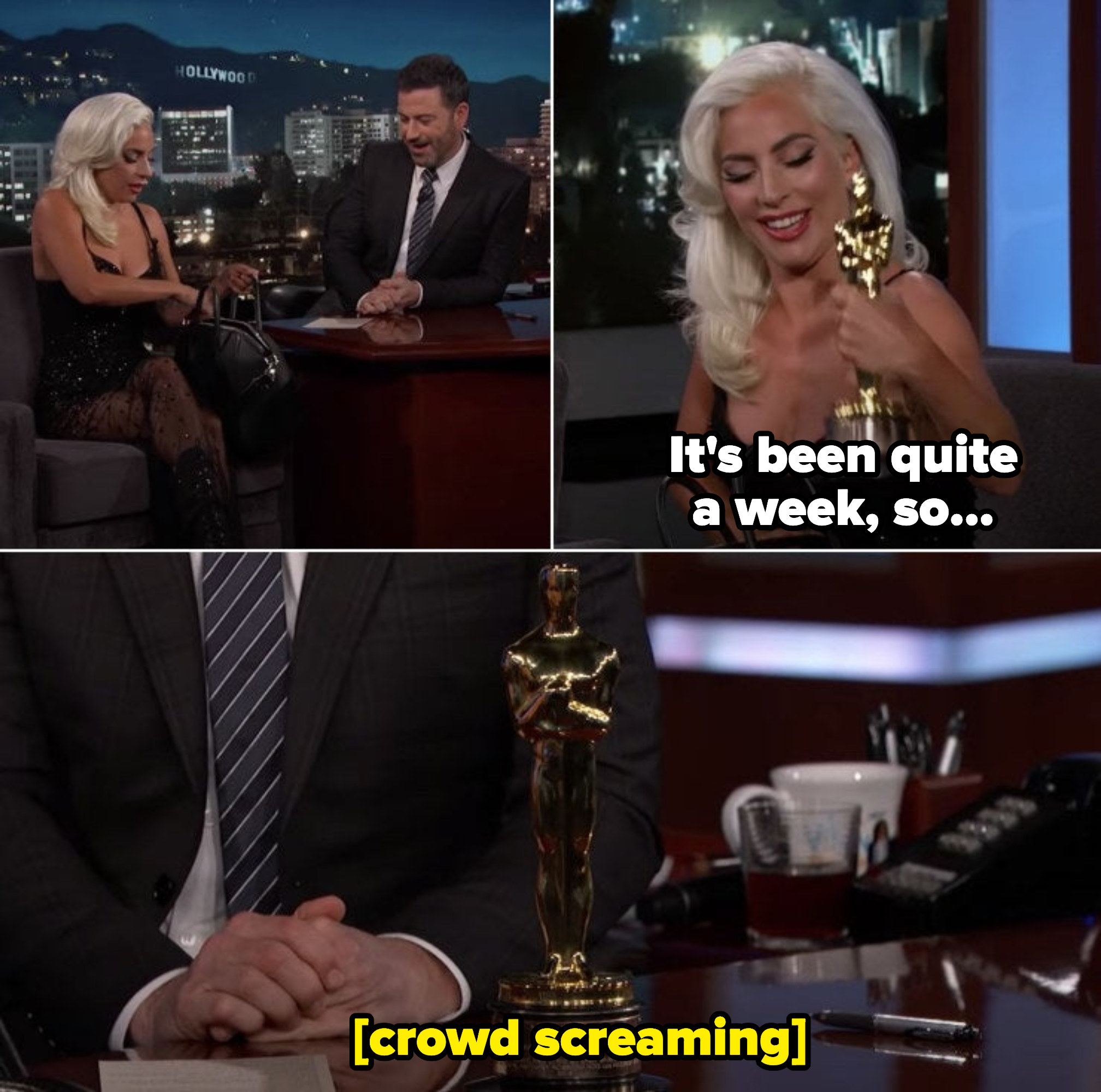 Lady Gaga: &quot;It&#x27;s been quite a week, so...&quot; Places Oscar statue on Jimmy&#x27;s desk as crowd cheers